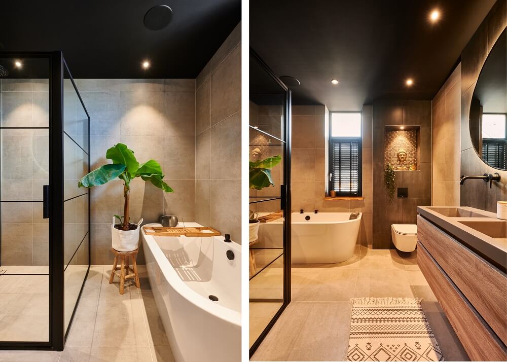 Plameco spanplafond: stijlvolle badkamer met zwart spanplafond en plafondspots