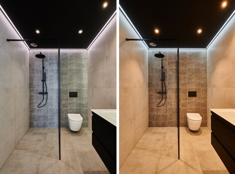 Plameco spanplafond: koel en warm licht in de badkamer met een zwart spanplafond.