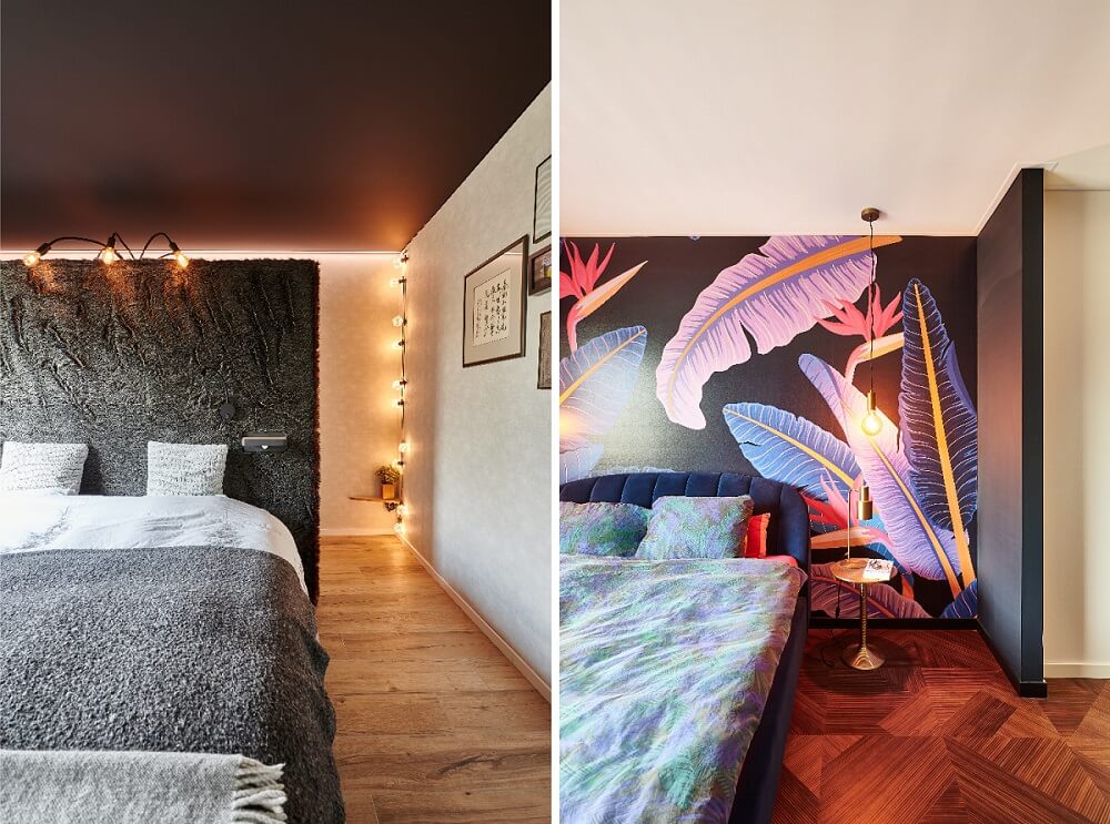 Plameco spanplafond: wit en zwart plafond in de slaapkamer met geïntegreerd geluidsabsorberend materiaal