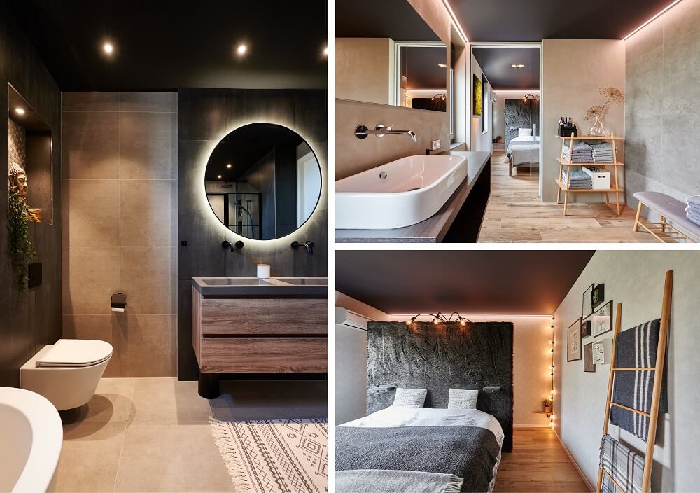Plameco spanplafonds: zwart spanplafond in de badkamer en slaapkamer