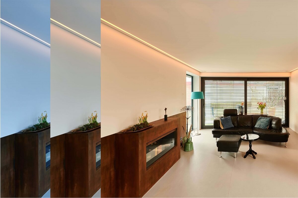 minimalistische woonkamer wit spanplafond dimbare ledverlichting