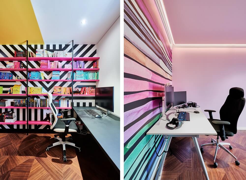 Plameco plafonds: thuiskantoor met kleurspanplafond, verlichting en fotowand ter akoestiekverbetering