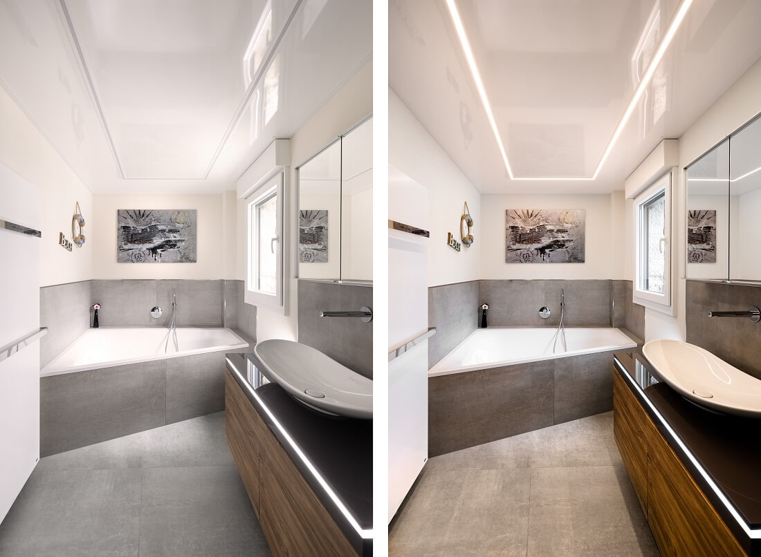 Plameco spanplafond: hoogglans, badkamer, ledverlichting, modern, functioneel