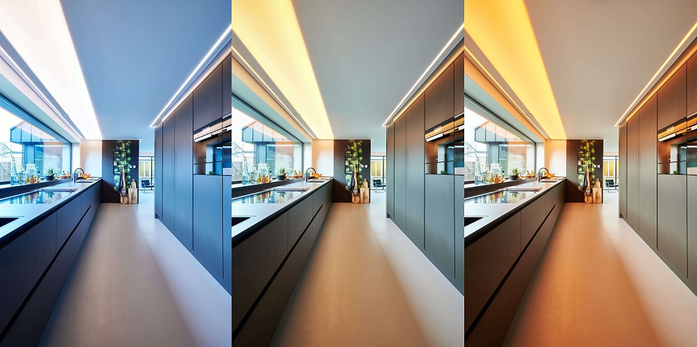 Plameco spanplafond: keuken, lichtmodule in verschillende warmtetonen